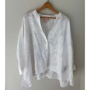 Chico's Black Label White Button Front Sheer Floral Top Sz 14 Lagenlook Casual